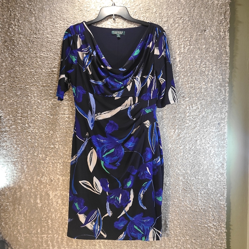 Lauren Ralph Lauren Shift‎ Dress Women 10 Petite Blue Floral Lined Polyester